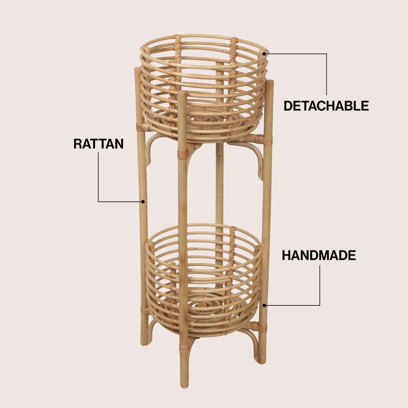 JONATHAN Y Zachariah 33.5" Bohemian Minimalist Handmade 2-Tier Rattan Indoor Planter Stand