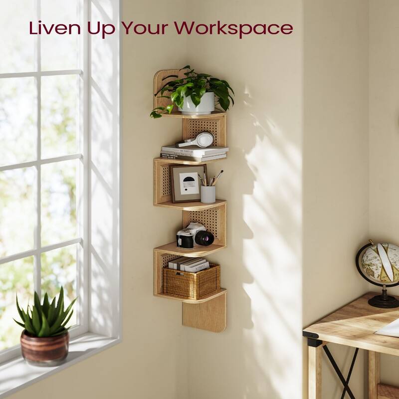 5-Tier Space-Saving Modern Zigzag Corner Shelf Wall-Mounted Display for Bedroom or Living Room - 7.9"D x 7.9"W x 49.6"H