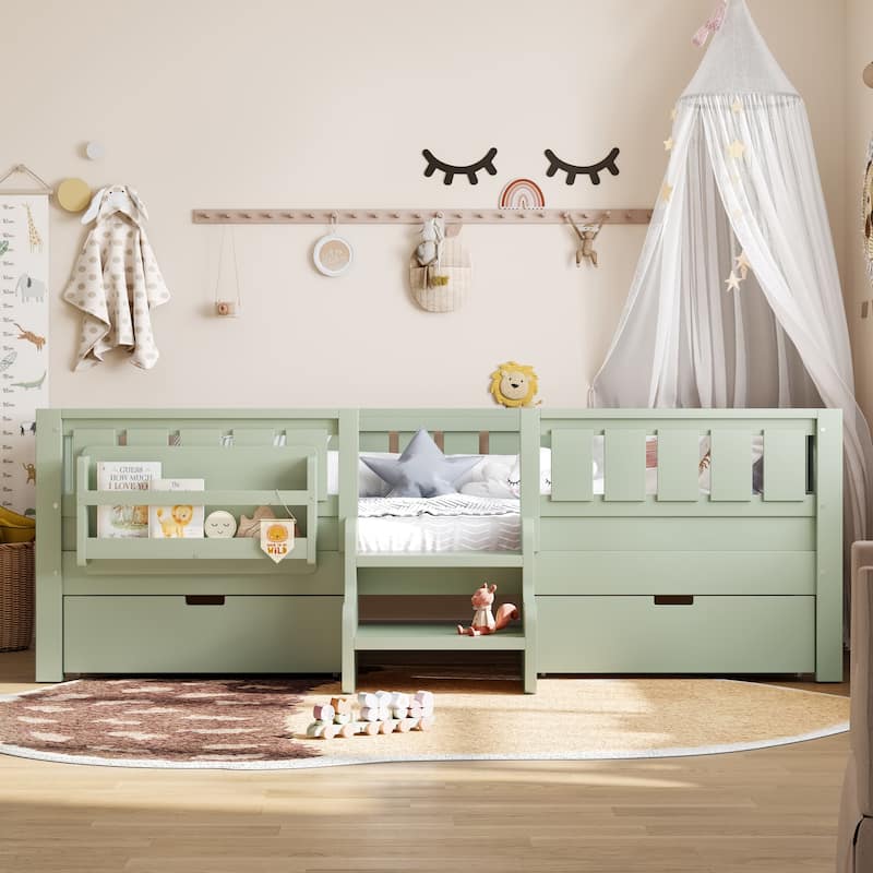 Full/Twin Loft Bed with Storage Drawers, Safety Staircase & Rails