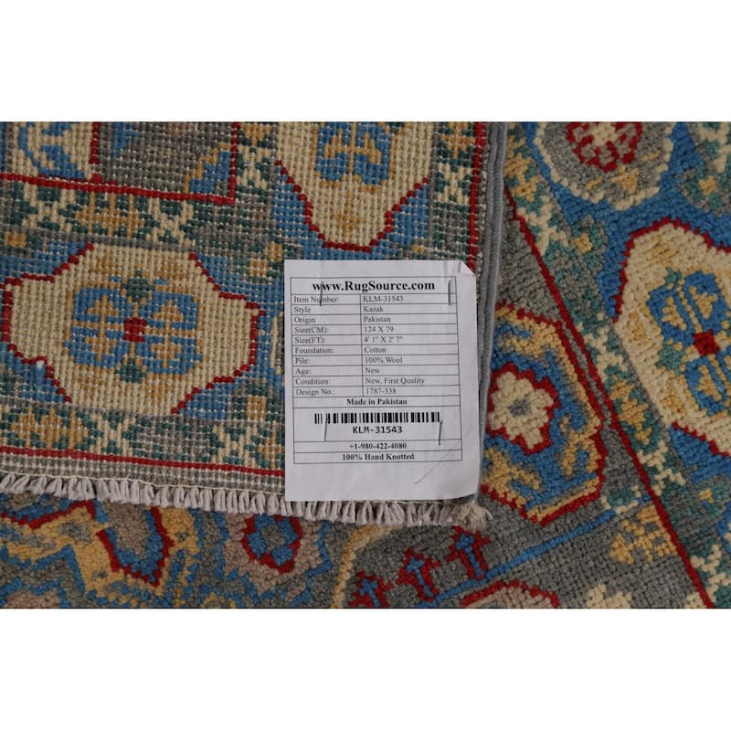 Blue Kazak Foyer Rug Handmade Geometric Wool Carpet - 2'7"x 4'1"