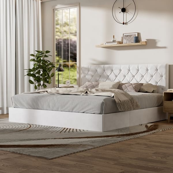 slide 2 of 17, Plywood Frame Upholstered Platform Bed with Lift-up Storage White - King