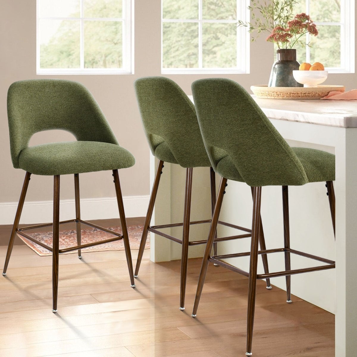 3 Pieces Counter Stool with Walnut Metal Frame (Set of 3)