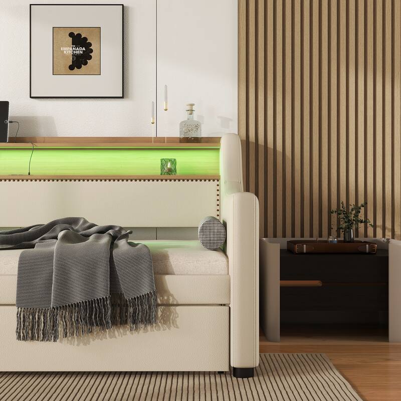 Twin Size Upholstered Daybed with Trundle and Storage Headboard, Twin Sofa Bed Frame with Charging Station and LED Lights