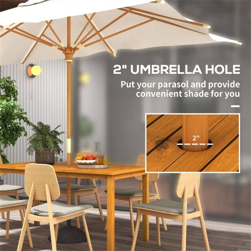 Natural Acacia Wood Outdoor Dining Table with Umbrella Hole and Slatted Tabletop Design for 6-Seater