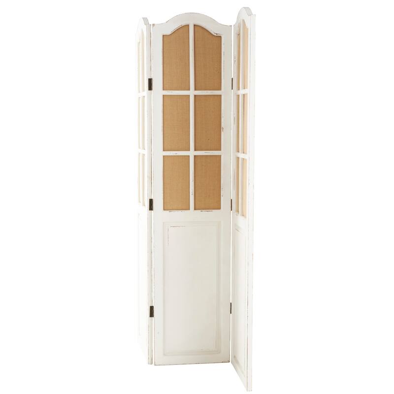 Wood Hinged Foldable Partition 3 Panel Room Divider Screen with Burlap Window Pane Design - Beige - Roche River Decor