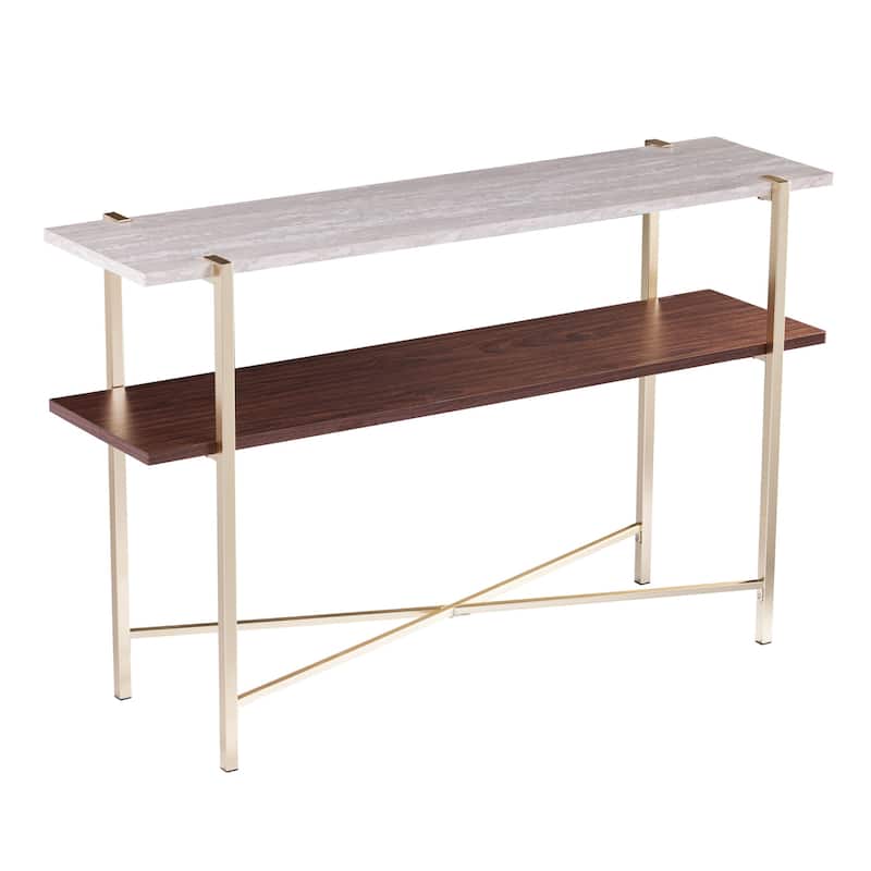 White Faux Marble Rectangular Console Table with Shelf and Brass Base - 47.25” L x 13.5” W x 29.5” H - White-Brown