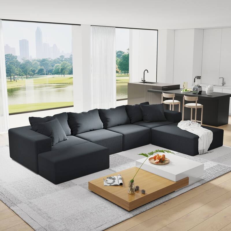 Modular L Shaped Sectional Sofa 6 Seat Convertible Cloud Couch, Free Combination - Black