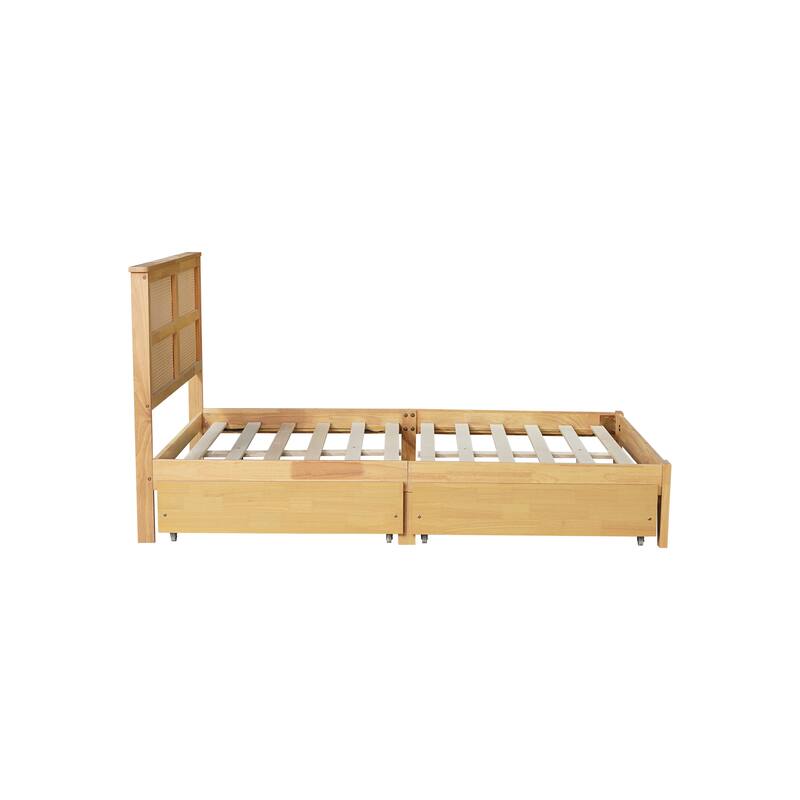 Platform Bed with Rattan Headboard, Wood Slats Support and Enhanced Support Legs - Optional Storage Bed with 2 Drawers