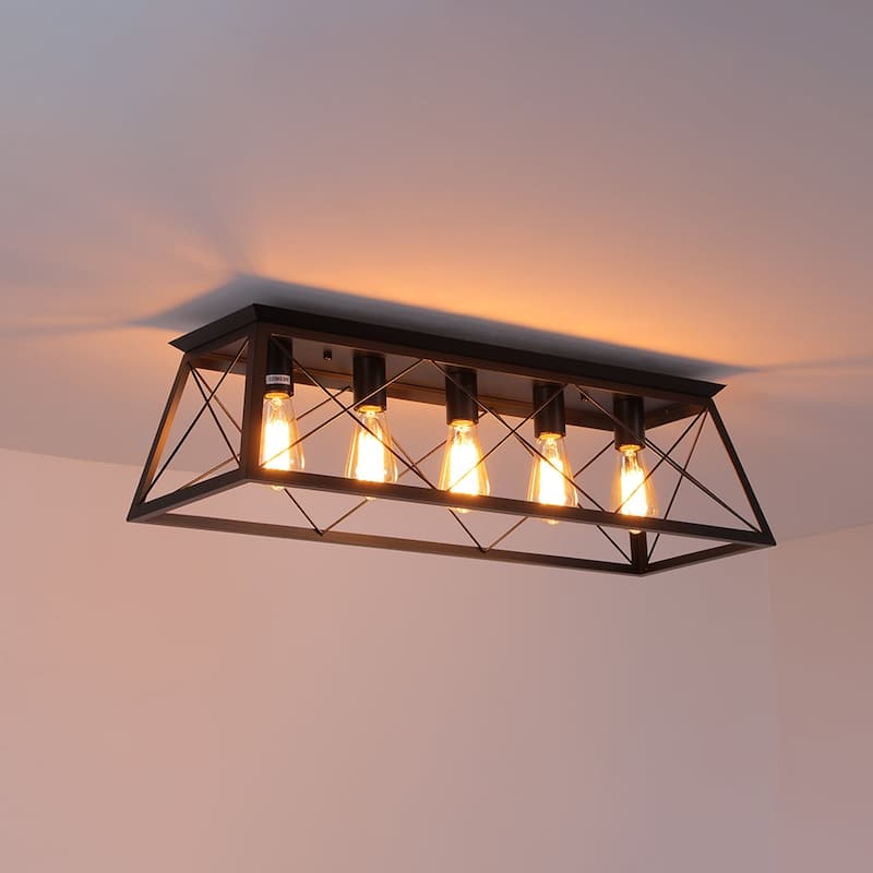 Rustic 5-Light Rectangular Cage Flush Semi Flush Mount - 31.5in