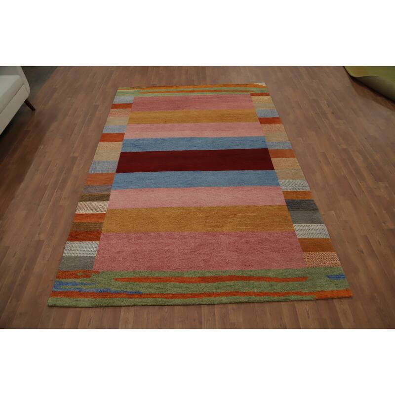 Hand Knotted Oriental 100% Wool Carpet Modern Stripe Multi-Colored Gabbeh Area Rug - 9' 7'' X 6' 5''