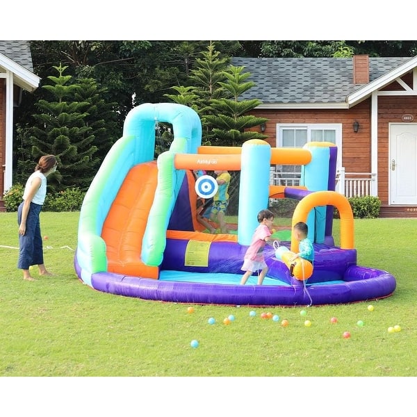 slide 2 of 7, Inflatable Bounce House, Jumping Castle with Water and Slide, Inflatable Bouncer with Air Blower, Water Spray Kids