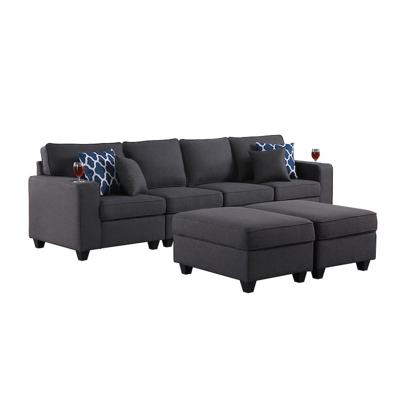 Linen Upholstered Linen 4-Seater Sofa with 2 Ottomans in Dark Gray