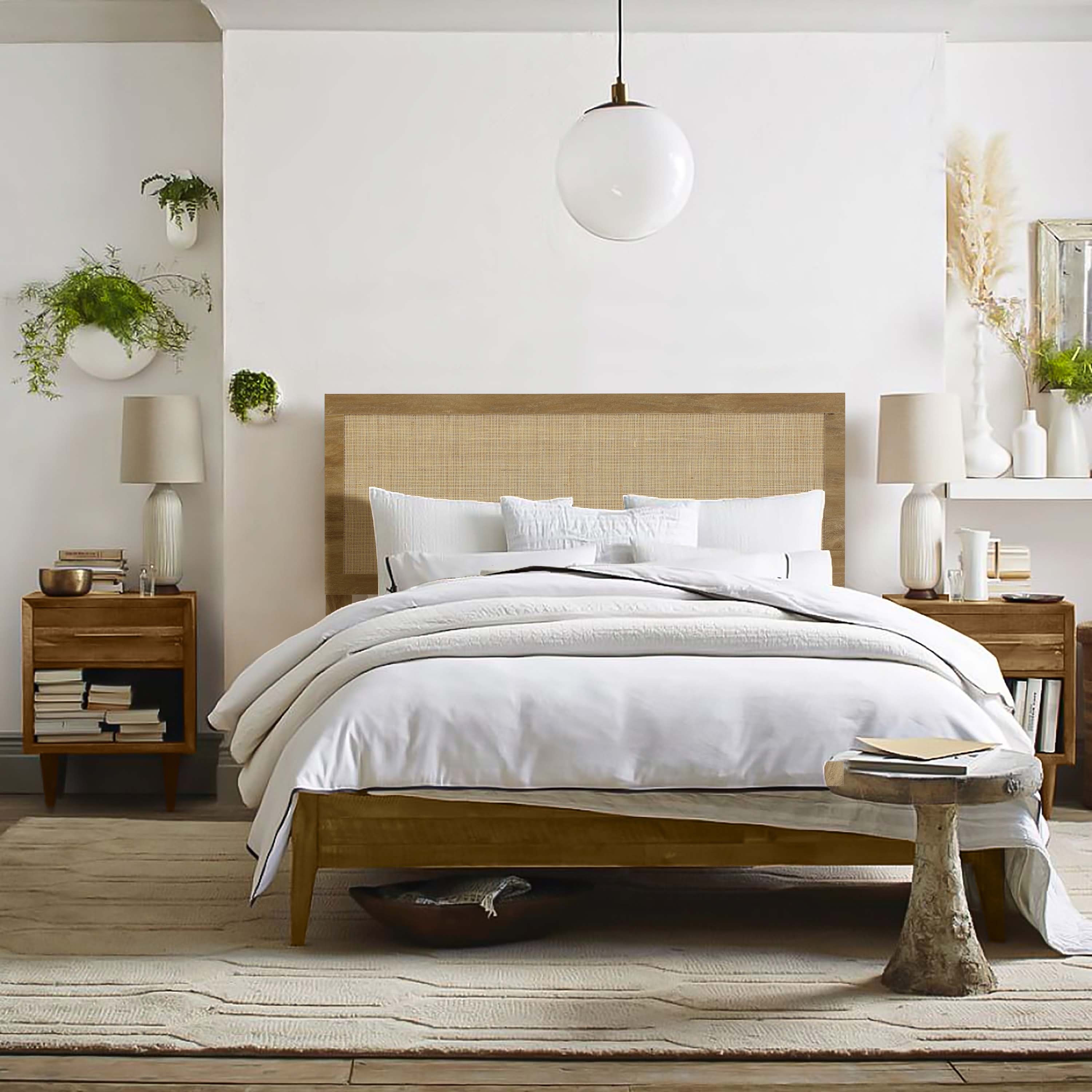 Oak Finish Manufactured Wood with Natural Rattan Panel Headboard