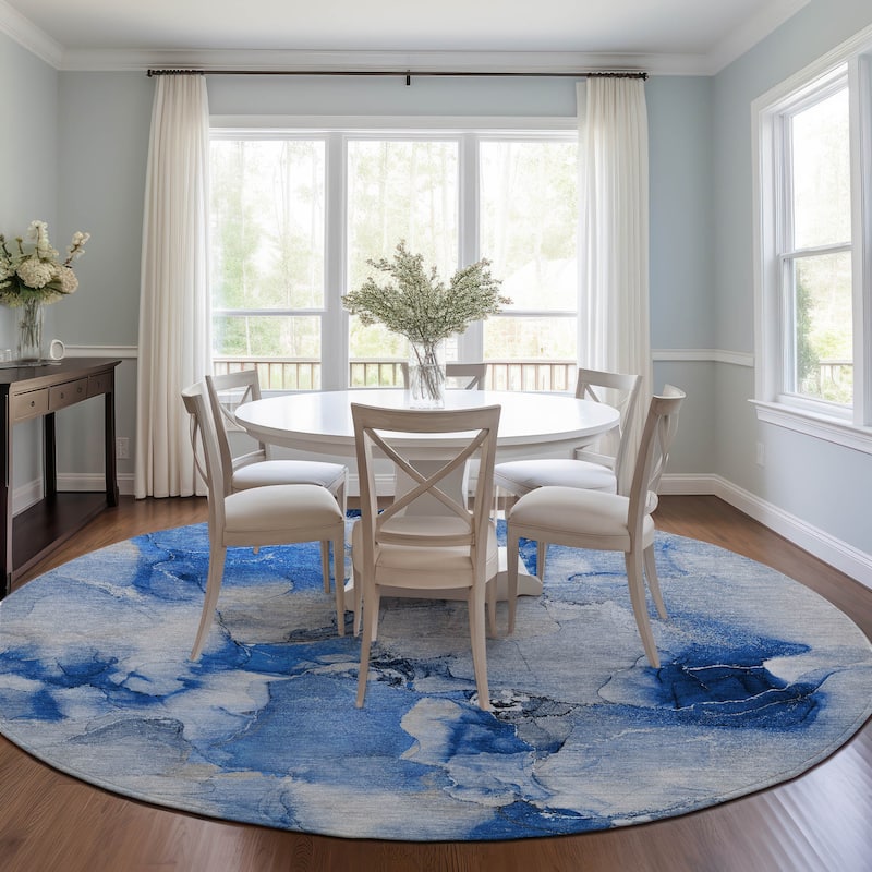 Machine Washable Indoor/ Outdoor Abstract Watercolor Chantille Rug - 8' x 8' - Navy