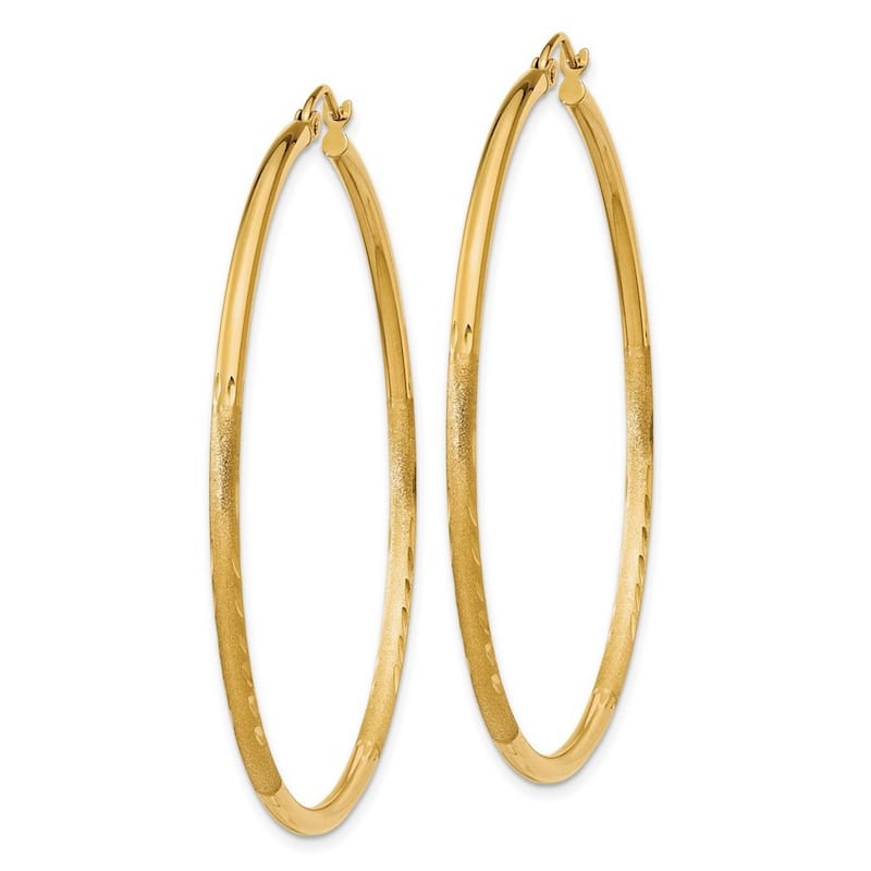 Curata 14k Yellow Gold Satin and Sparkle Cut 45x2mm Round Tube Hoop Earrings