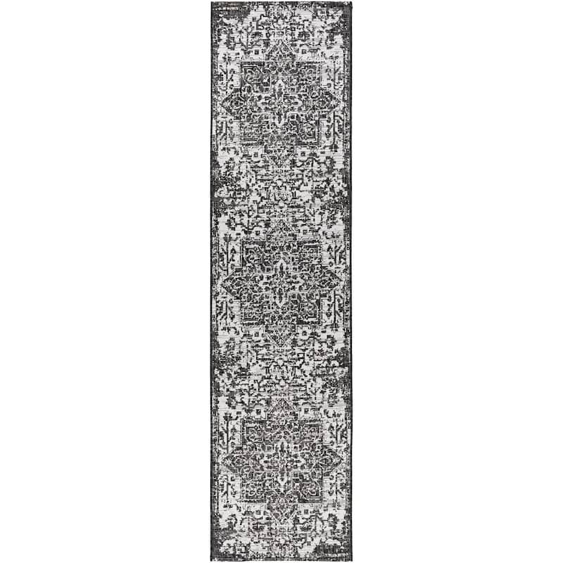 Livabliss Eagean Updated Traditional Medallion Indoor / OutdoorArea Rug - 2'7" x 12' - Black