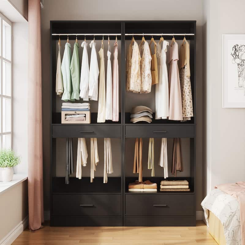 Qvella 23.6'' W Closet System with Hanging Rods and Wooden Drawers, Modular Walk-In Closet Organizer with Pants Rack - Black - Set of 2(47.2'' W)