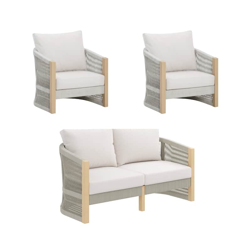 Jagger Farmhouse Patio Seating with Solid Acacia Wood Frame, Cushions, and Rope Accent
