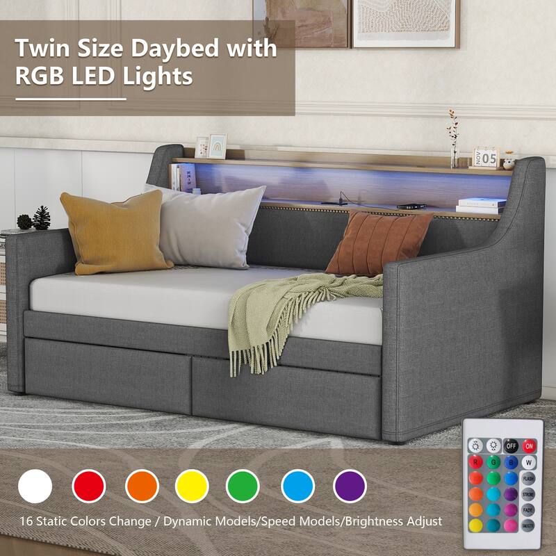 Twin Size Daybed with Storage Drawers, Upholstered Daybed with Charging Station and LED Lights