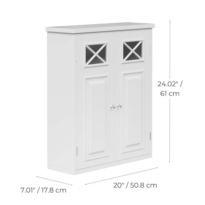 Teamson Home Dawson 2-Door White Bathroom Wall Cabinet, Removable Glass Panel, Adjustable Shelf, Cross Molding Storage