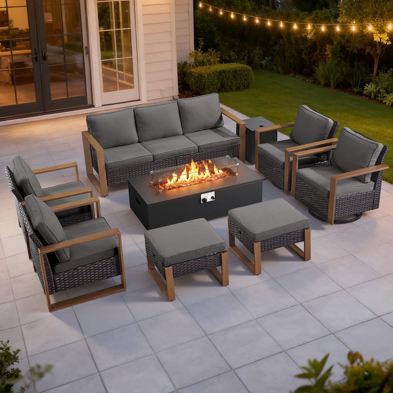 Meyreso Wicker Outdoor Patio Fire Pit Set with Swivel Gliders and 4.5-Inch Olefin Cushions - Brown / Gray Cushions - 8-Piece