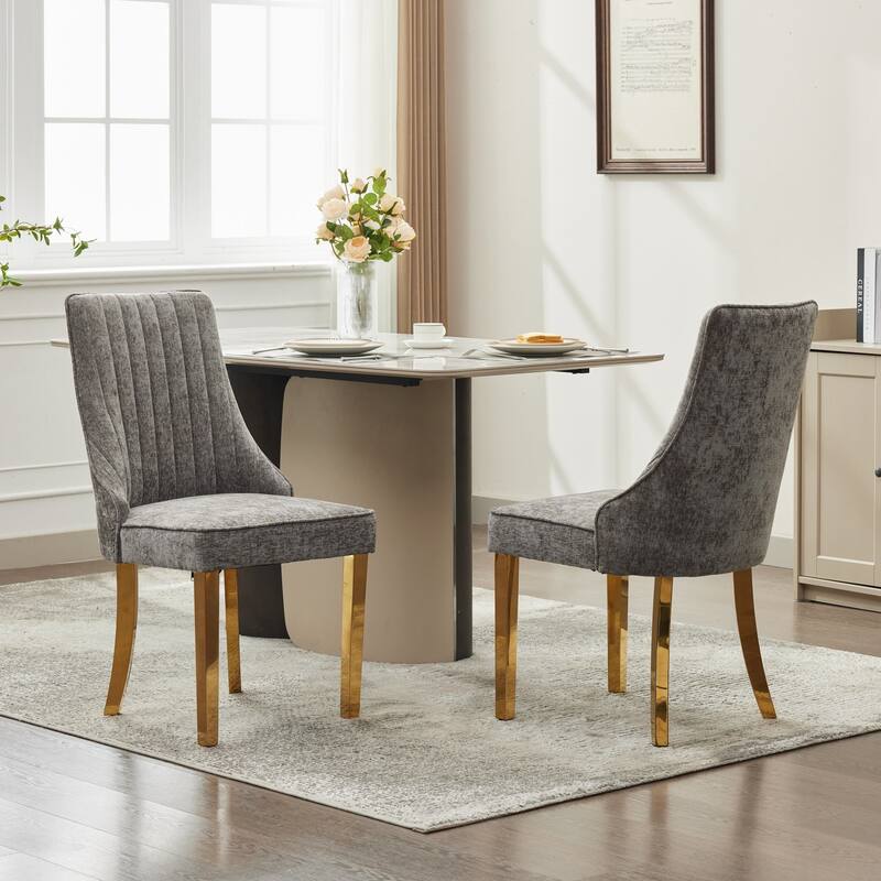 GDF Studio- Rayon Chenille Upholstered Dining Chair with Tufted Back & Golden Metal Base, Set of 2