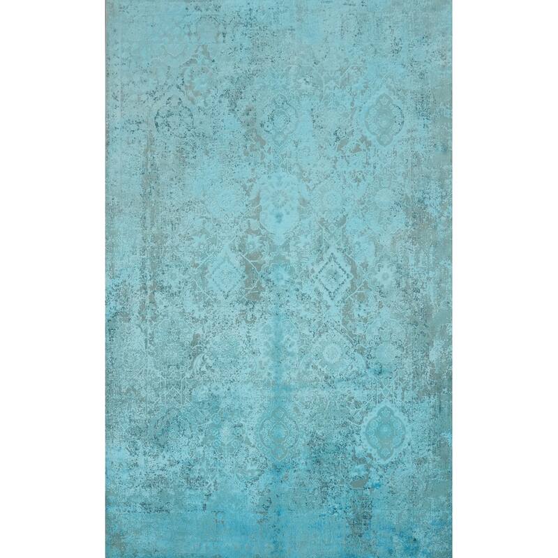 Machine Made Oriental Polyester Carpet Geometric Navy Blue & Blues Distressed Area Rug - 7' 5'' X 5' 2''