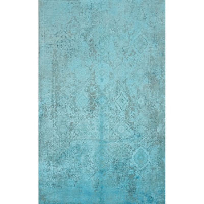 Machine Made Oriental Polyester Carpet Geometric Navy Blue & Blues Distressed Area Rug - 7' 5'' X 5' 2''