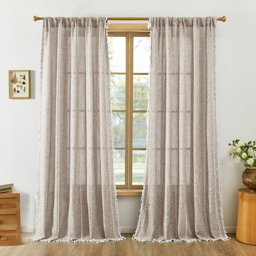 Deconovo Boho Sheer Curtain with Tassels & Embroidery 1 Panel