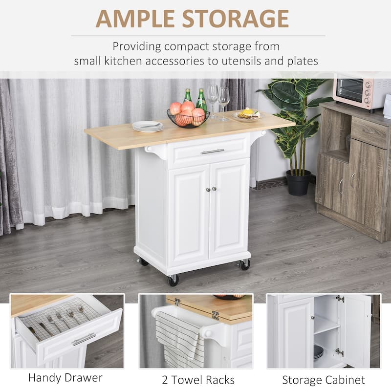 HOMCOM Kitchen Island Cart on Wheels with Extended Counter Drawer Cabinet Towel Racks Versatile Use Natural Wood Top and White