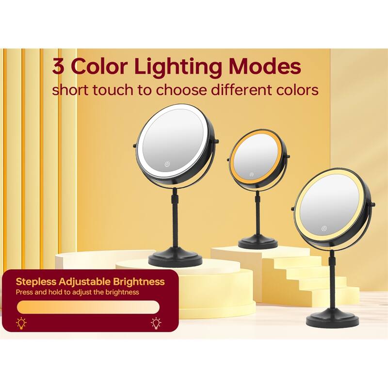 9" Lighted Makeup Double Sided 1X/10 Magnification Mirror, 3 Lighting