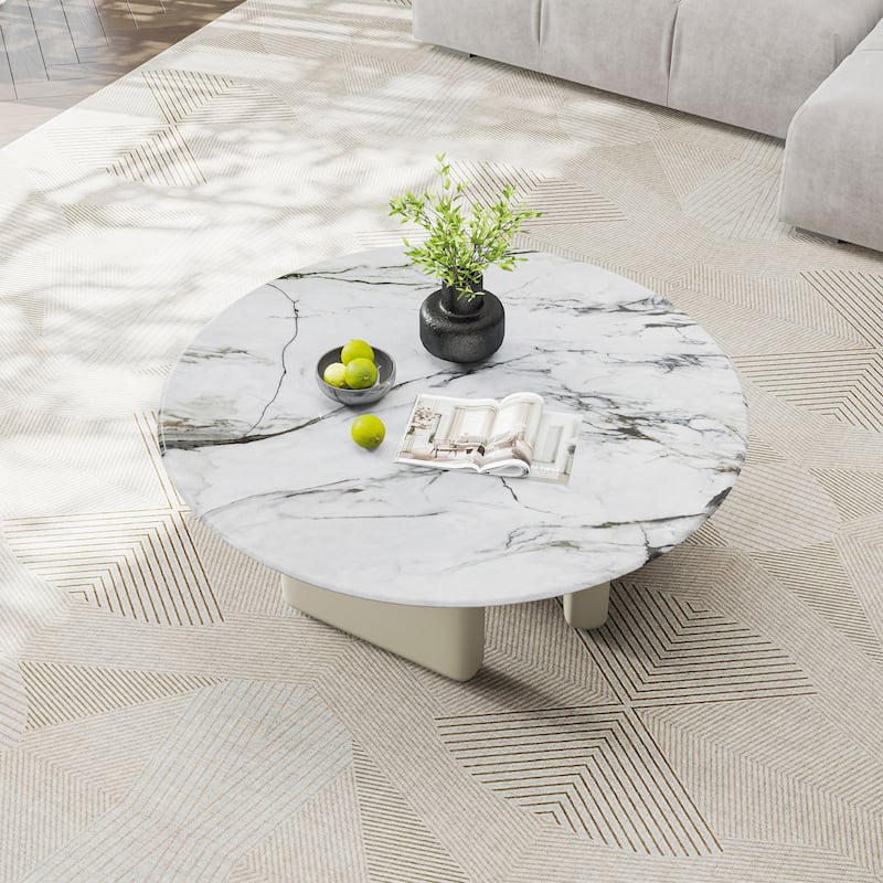 35.43" Modern Round Coffee Table, Faux Marble Table Top, 3 Wood Legs