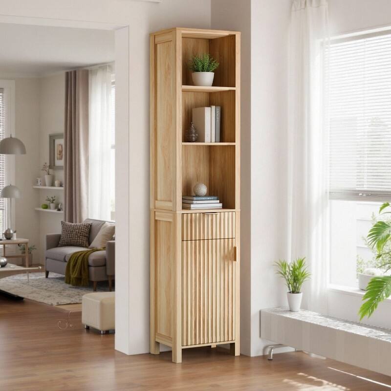 Oak Freestanding Cabinet With Drawer With Door Bookcase