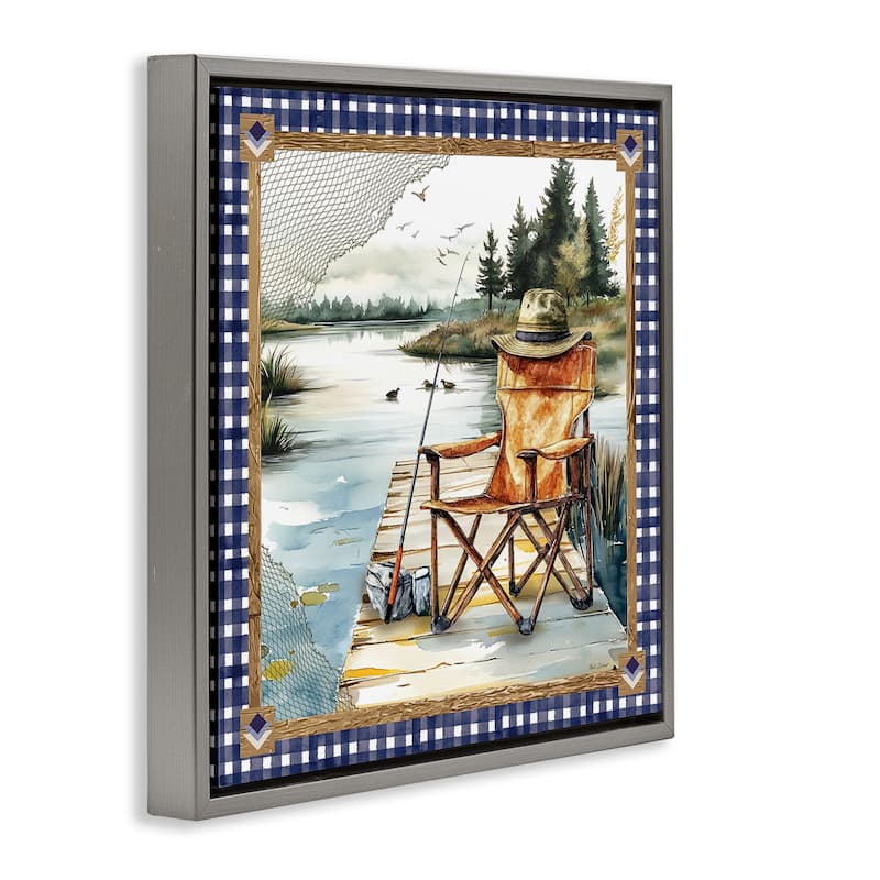 Stupell Fishing Chair on Dock Framed Floater Canvas Wall Art Design By Nicole DeCamp