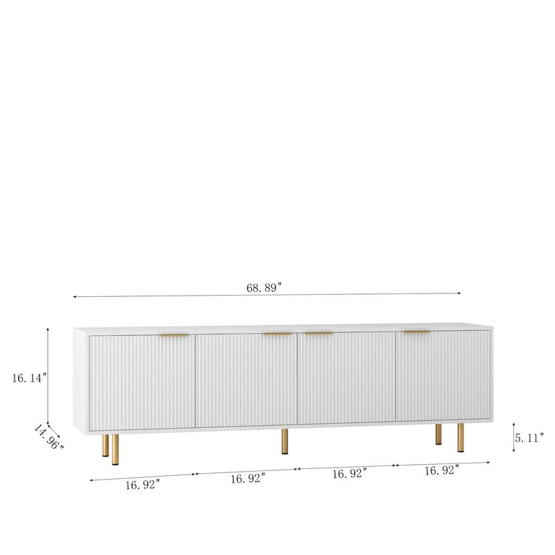 White TV Stand Fluted 68" with Power Outlet,Entertainment Center with Storage Doors,TV Console Media Cabinet,for 55+ Inch TV