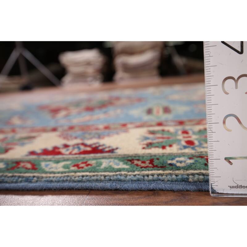 Blue Geometric Kazak Oriental Accent Rug Handmade Wool Carpet - 4'0" x 5'10"