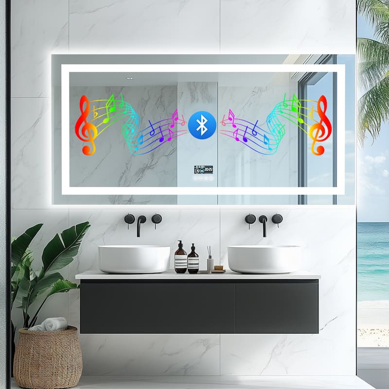 Bluetooth LED Bathroom Mirror Music Speaker Wall Vanity Mirror with Lights Date and Time Rectangle - 40"x24"