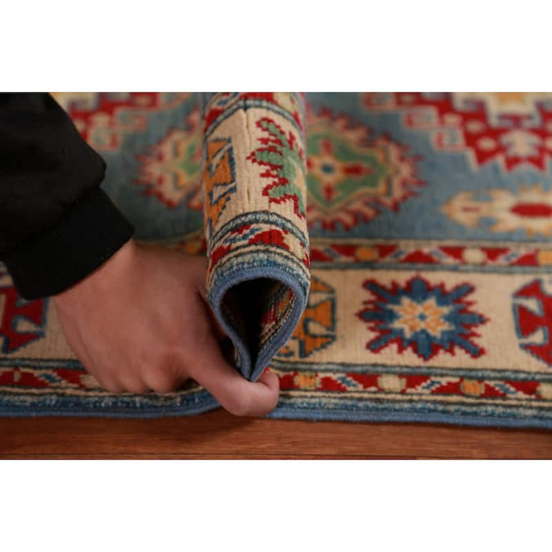 Light Blue Traditional Kazak Foyer Rug Hand-Knotted Wool Carpet - 2'7"x 3'11"