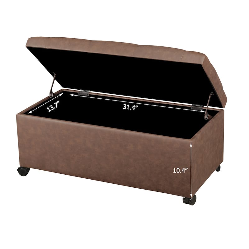 Adeco 35" Storage Ottoman Tufted Faux-Leather Lifted Top Bench