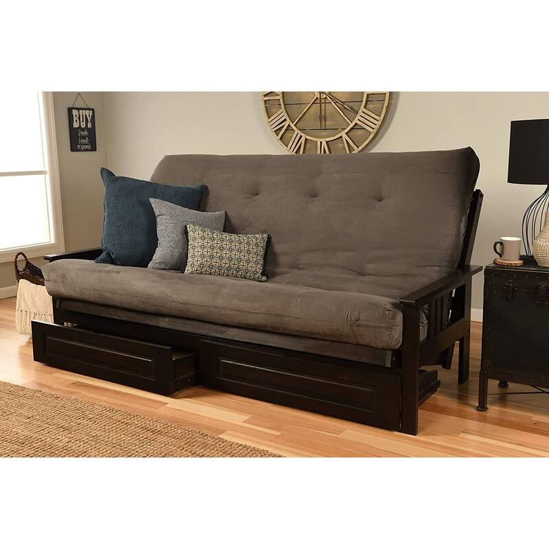 85 in. Espresso/Suede Gray Polyester Upholstered Queen Size Futon Set with Mattress and Storage Drawers