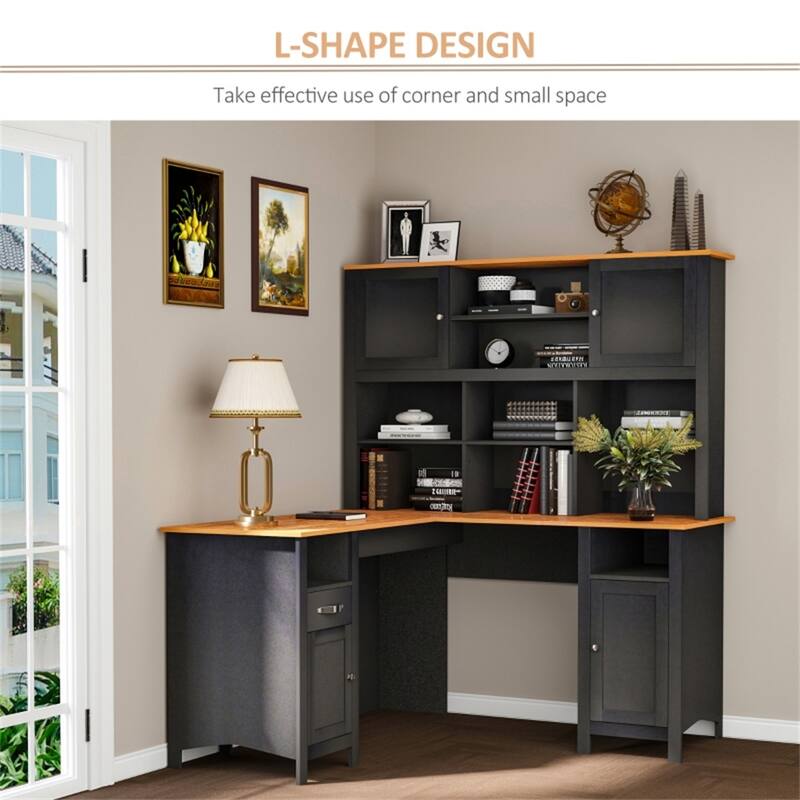 L-Shaped Black Computer Desk with Large Desktop and Storage Shelves for Home or Office