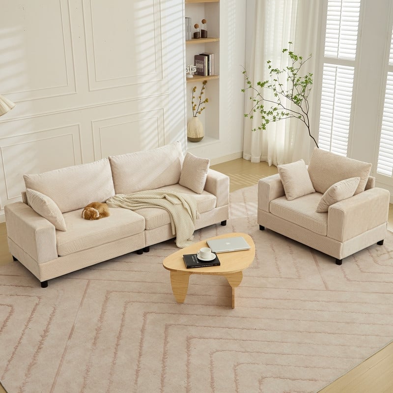Mixoy Extra-Large Corduroy Upholstered Modular Sectional Sofa Set,Deep Seat Sleeper Chair with Ottoman - 2+1