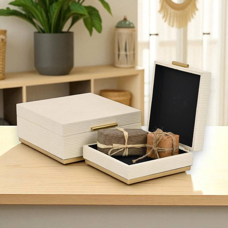 Eira Set of 2 Square Decorative Storage Boxes - Retro Stripe Pattern with Gold Hardware - Cream
