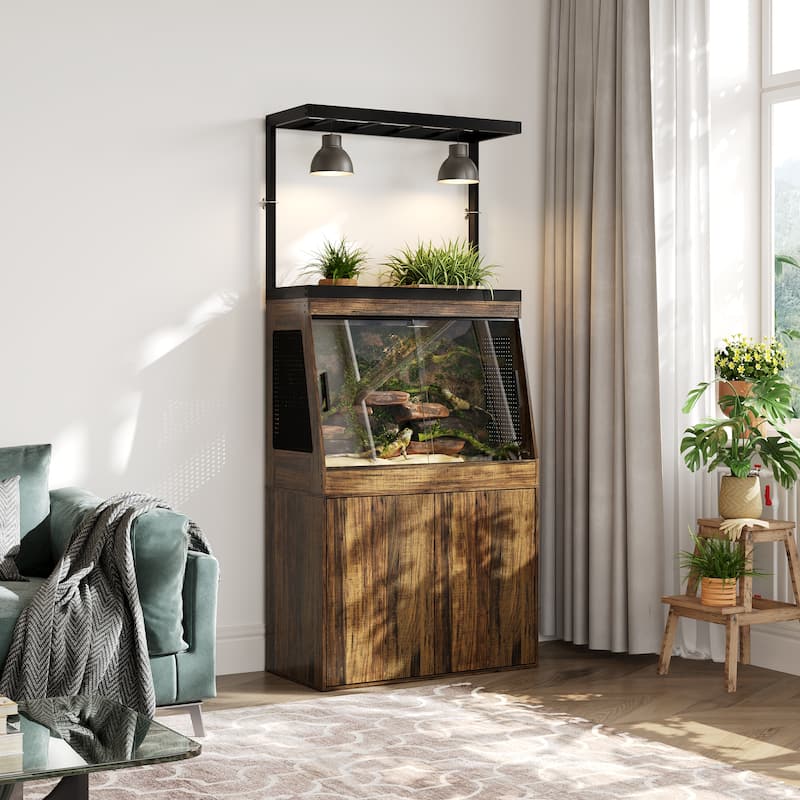 Multi-Functional Reptile Terrarium Cabinet with Sliding Glass Doors, Plant Shelf & Storage Base Vivarium Stand with Lighting Bar