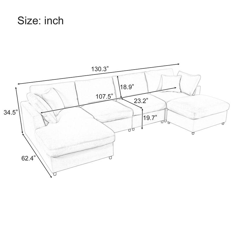 Large U-Shape Sectional Sofa with 4 Pillow, 6 Seat Modern Sofa with Removable Ottomans Upholstered Deep Seat Couches