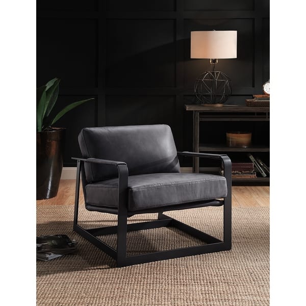 Gray Top Grain Leather Accent Chair Casual Single Sofa with Metal Frame for Livingroom Classic