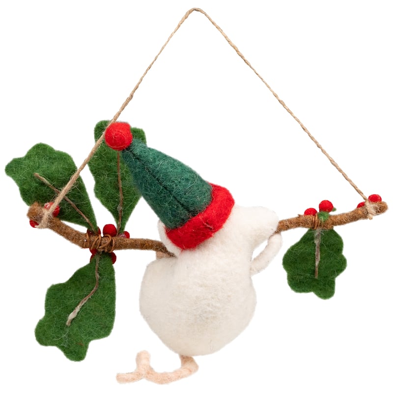 Holly and Berry Mouse Christmas Hanging Decoration - 9" - Green and Ivory