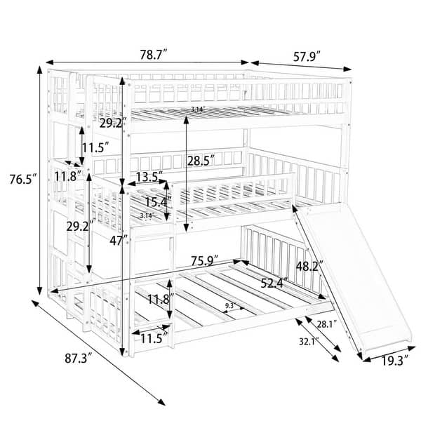 Full-Over-Full-Over-Full Triple Bunk Bed with Convertible Ladder and Slide - Solid Pine