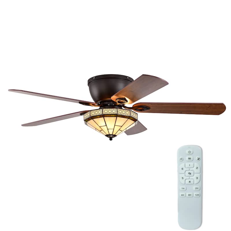 Margno 52-Inch Flushmount Lighted Ceiling Fan Jewel Cut Design Tiffany Glass Lamp Black Finish - Jewel-Cut