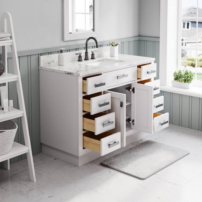 Hartford Marble Countertop Bath Vanity in White with Gooseneck Faucet